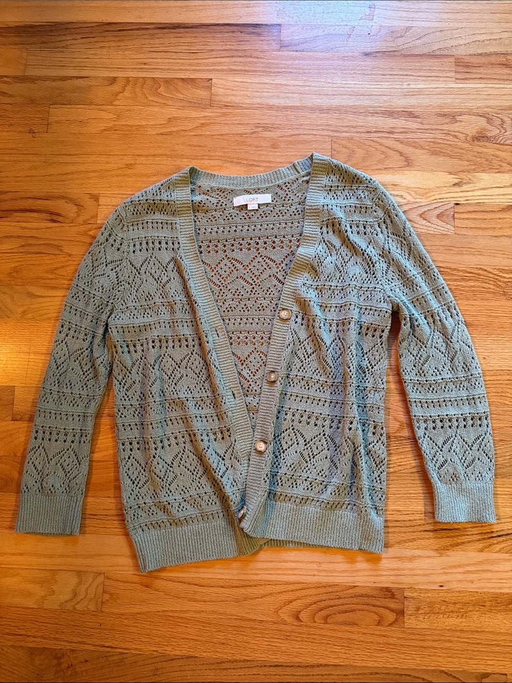LOFT Sage Green Openwork Button-Front Cardigan